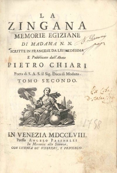 Copertina  La zingana memorie egiziane di madama N. N. scritte da lei medesima e pubblicate dall'abate Pietro Chiari poeta di s. a. s. il sig. duca di Modana. Tomo primo [-secondo] ..