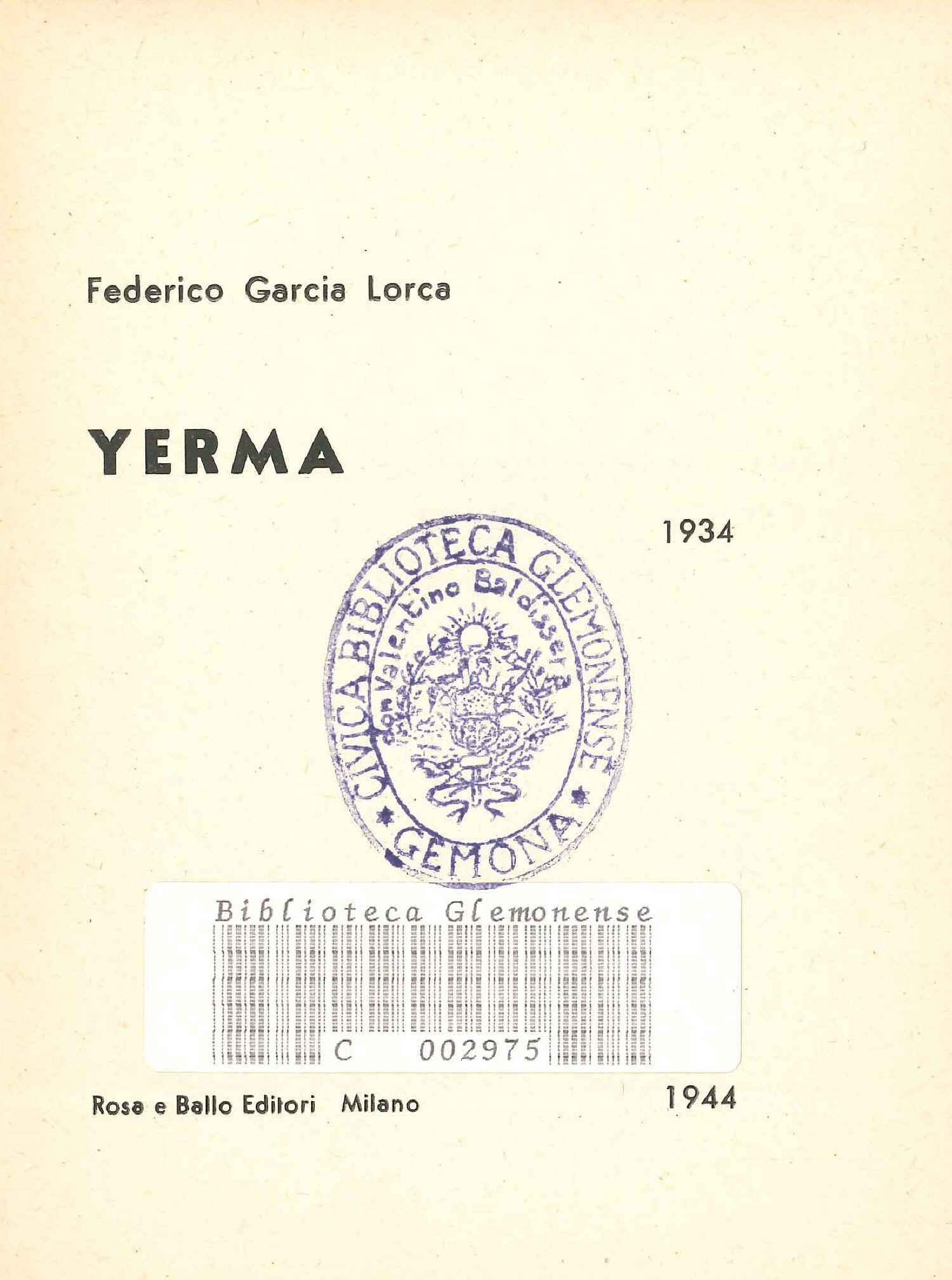 Copertina  Yerma : 1934