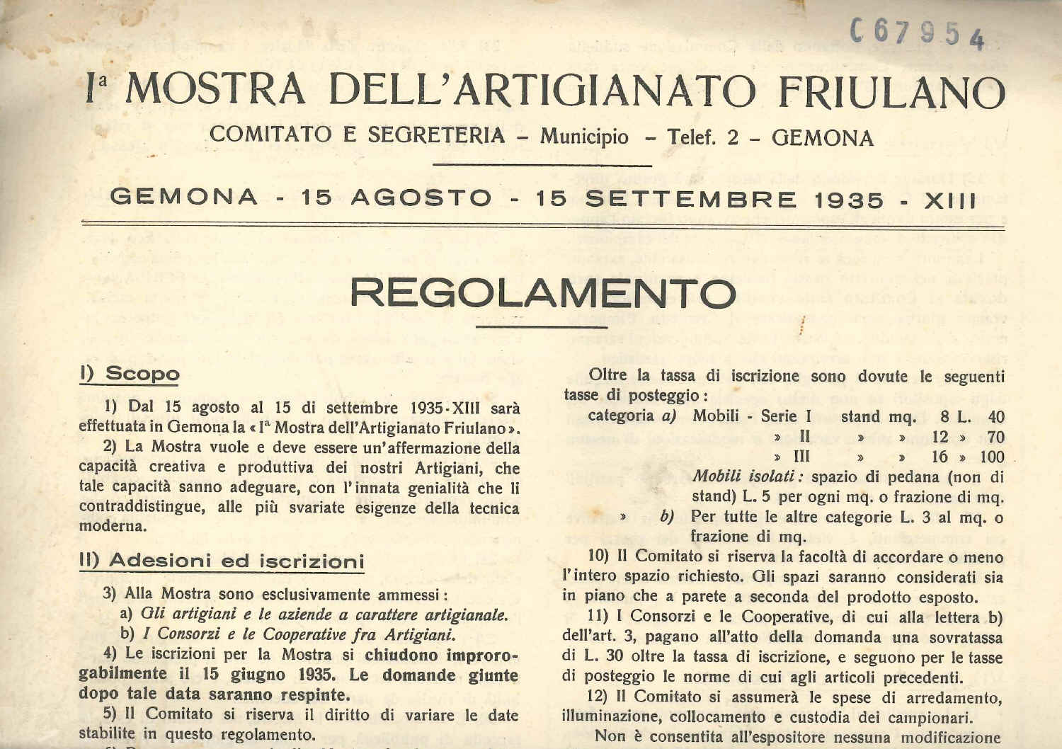 Copertina  1. mostra dell'artigianato friulano : Gemona, 15 agosto-15 settembre 1935 : regolamento