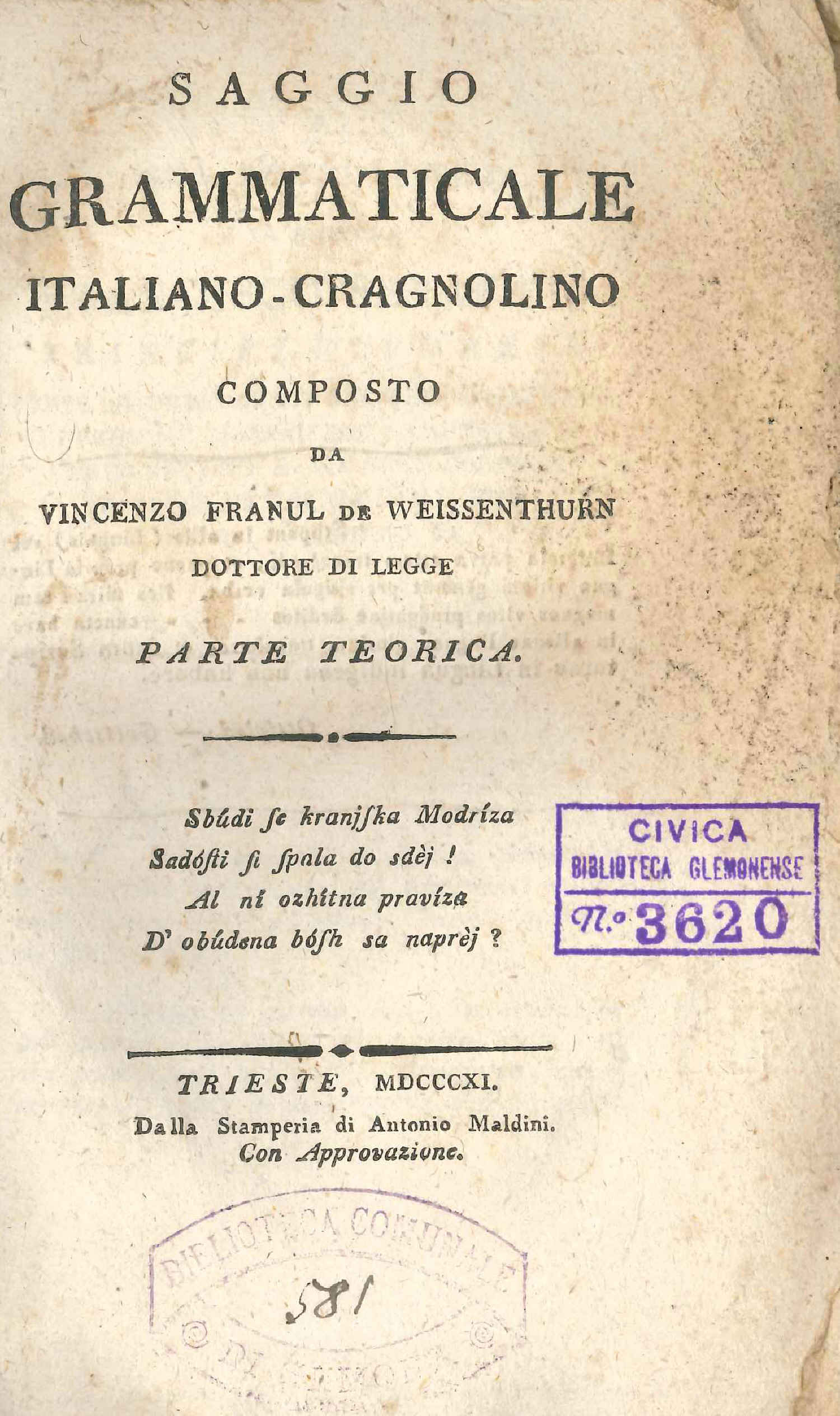 Copertina  Saggio grammaticale italiano-cragnolino composto da Vincenzo Franul de Weissenthurn ... parte teorica.